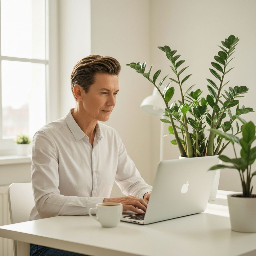 Person working at bright desk with morning coffee and plant