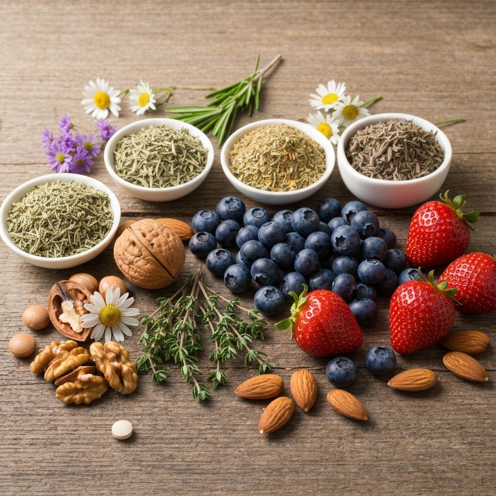 Natural ingredients laid out on wooden surface: herbs, nuts, berries